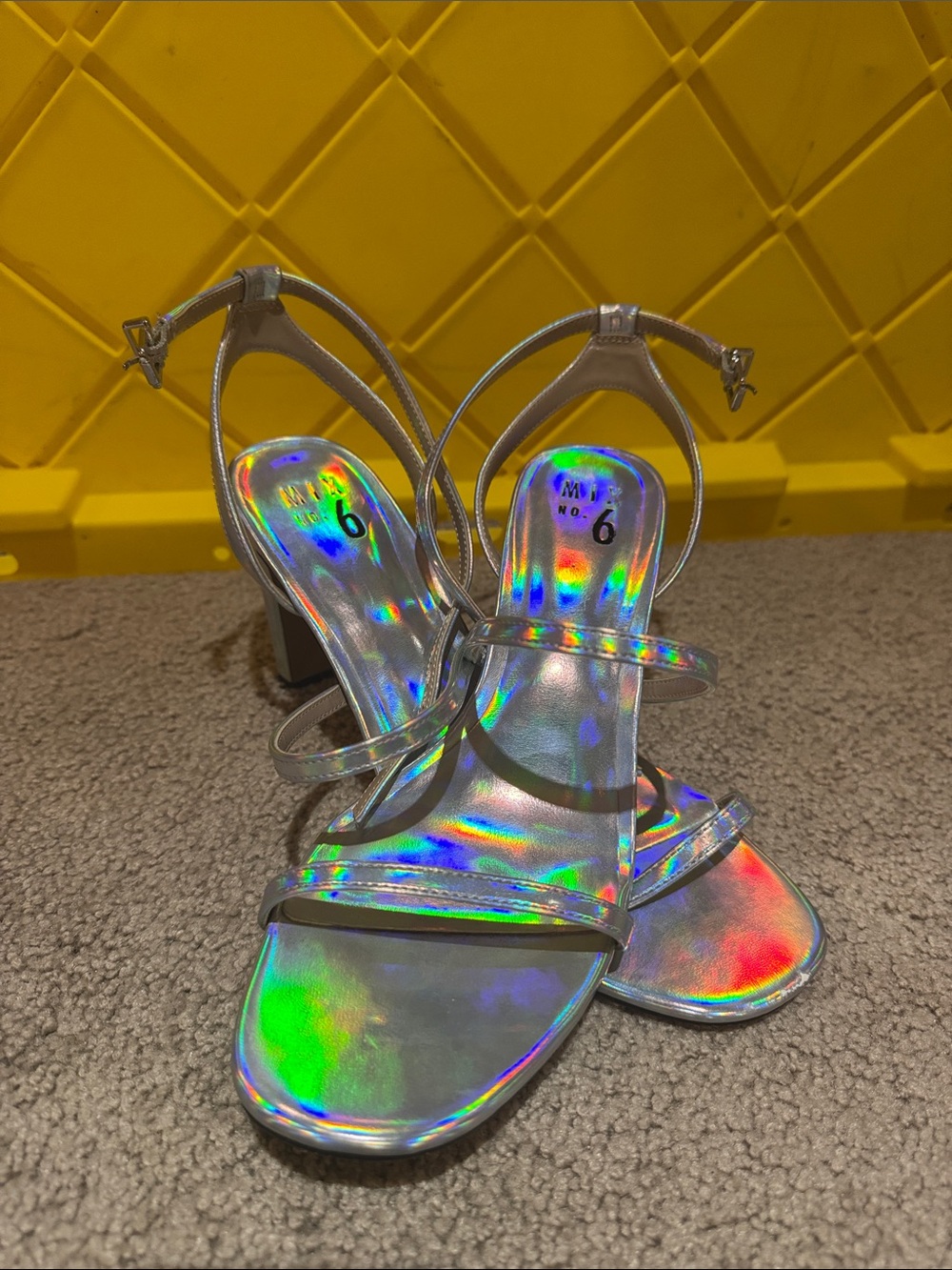 Silver Holographic Strappy Block Heel Sandals - Size 9.5